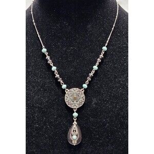 Southwestern Style Necklace Vintage Faux Turquoise Signed NR Silvertone Chain